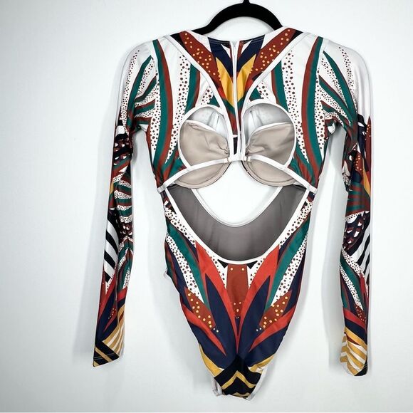 BFYNE One Piece Bathing Suit Long Sleeve Mesh Cut Out Medium EUC - Picture 4 of 11